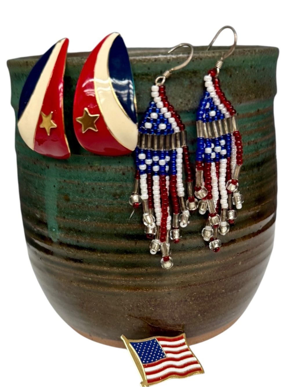 Patriotic Jewelry Lot USA Flag Brooch Red White Blue Clip Earrings Beaded Dangle